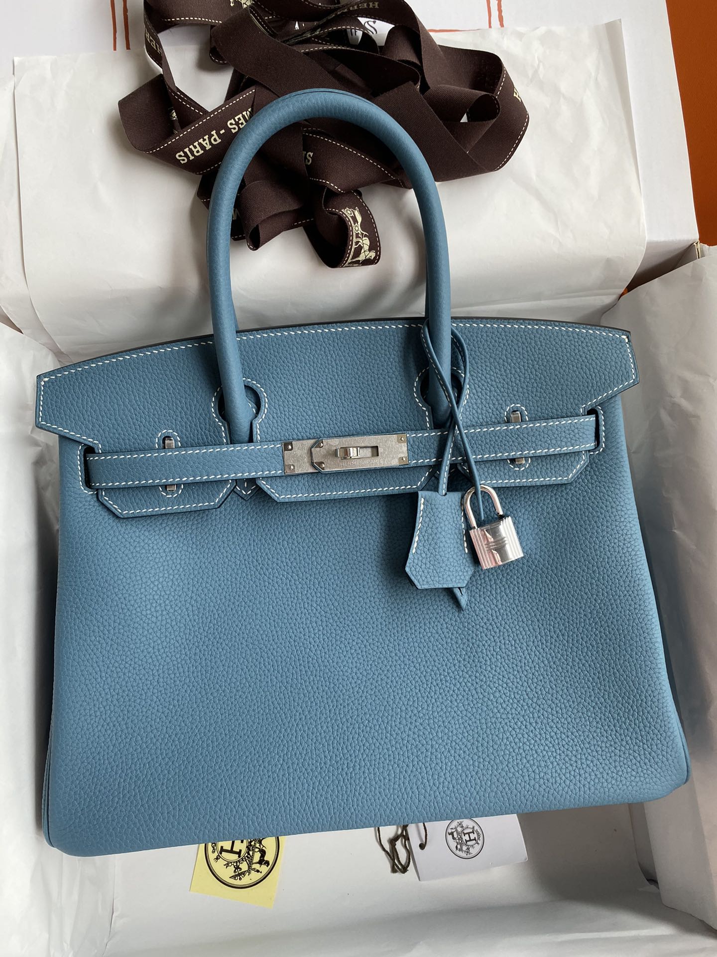 Hermes Birkin 30CM Togo Leather Handbag Blue Jean